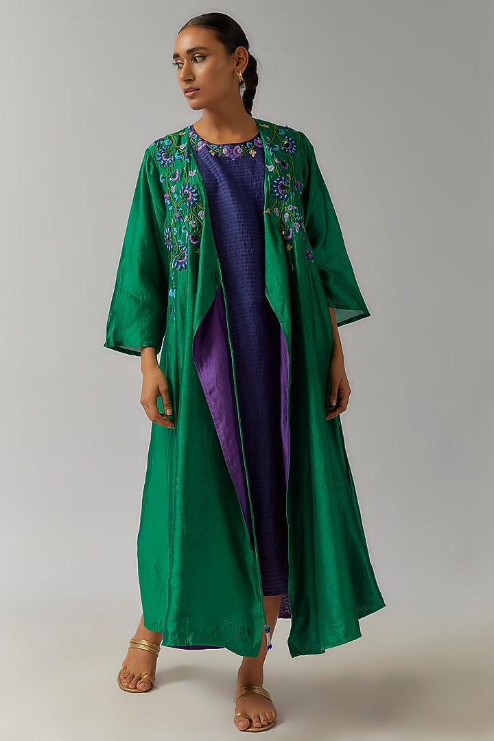 Forest Green Organic Silk Hand Embroidered Angrakha Jacket Cocktail Dress by Bhusattva at Pernia's Pop Up Shop