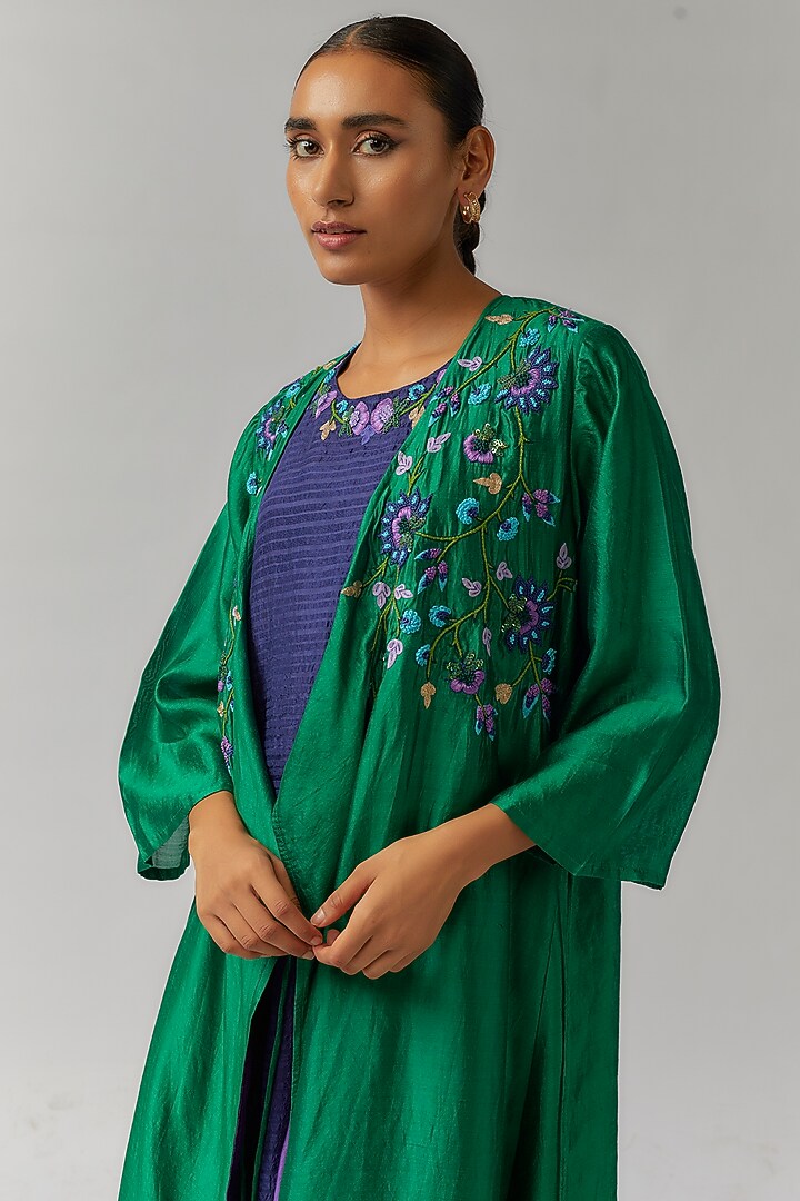 Forest Green Organic Silk Hand Embroidered Angrakha Jacket Cocktail Dress by Bhusattva at Pernia's Pop Up Shop