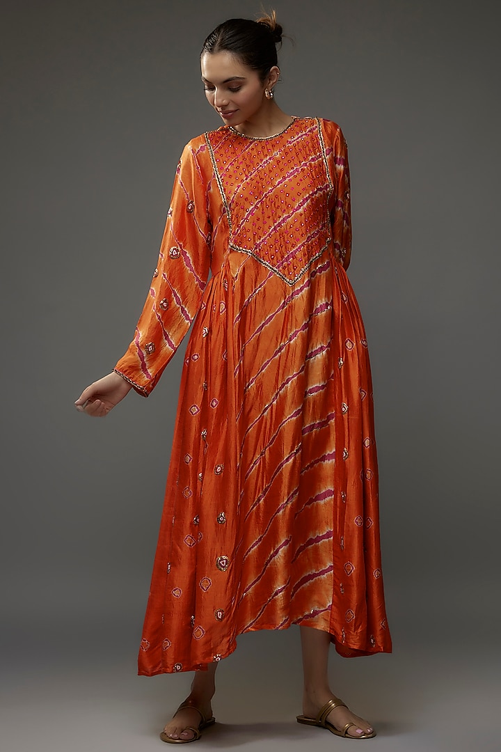 Tangerine Organic Silk Zardosi & Mukaish Embroidered Gathered Dress by Bhusattva