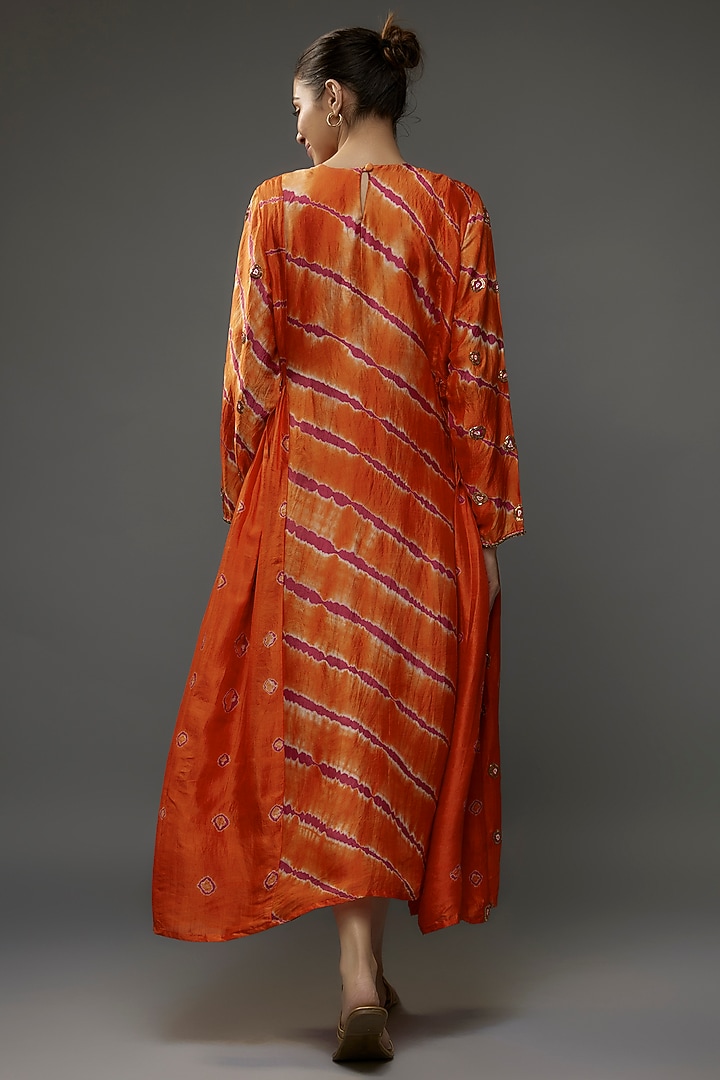 Tangerine Organic Silk Zardosi & Mukaish Embroidered Gathered Vacation Dress by Bhusattva at Pernia's Pop Up Shop