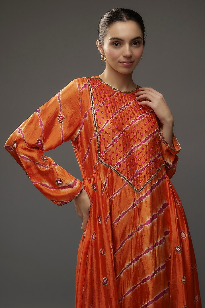 Tangerine Organic Silk Zardosi & Mukaish Embroidered Gathered Vacation Dress by Bhusattva at Pernia's Pop Up Shop