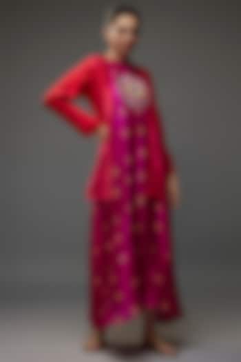 Magenta Pink Organic Silk Embellished Bandhani Jacket Dress by Bhusattva