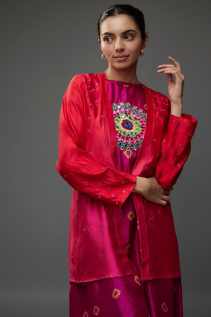 Magenta Pink Organic Silk Embellished Bandhani Jacket Vacation Dress by Bhusattva at Pernia's Pop Up Shop