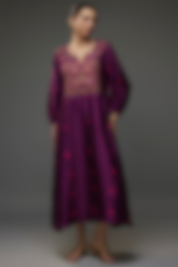 Purple Organic Silk Thread & Sequins Embellished Tie-Dye Dress by Bhusattva
