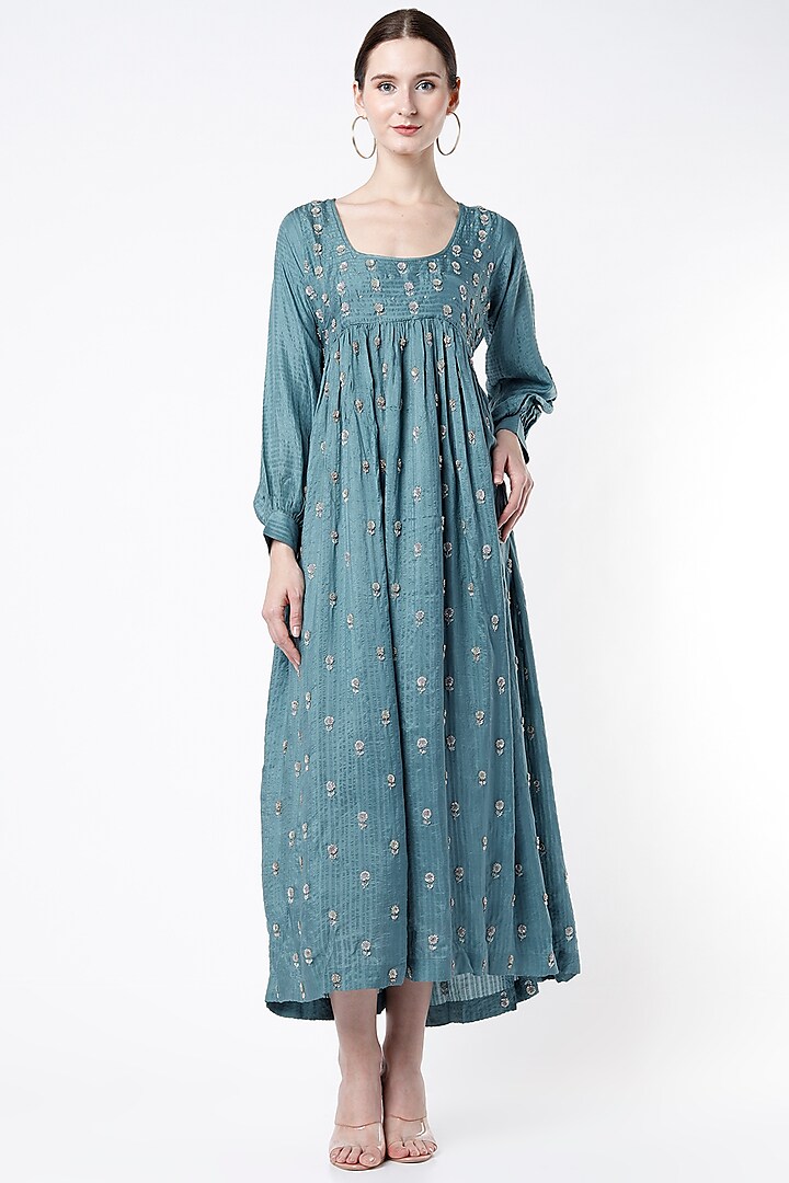 Turquoise Hand Embroidered Pleated Dress by Bhusattva