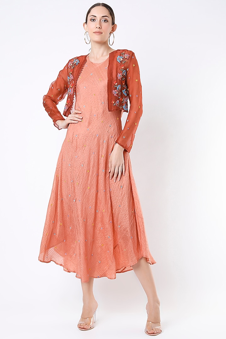 Mandarin Orange Hand Embroidered Jacket Dress by Bhusattva