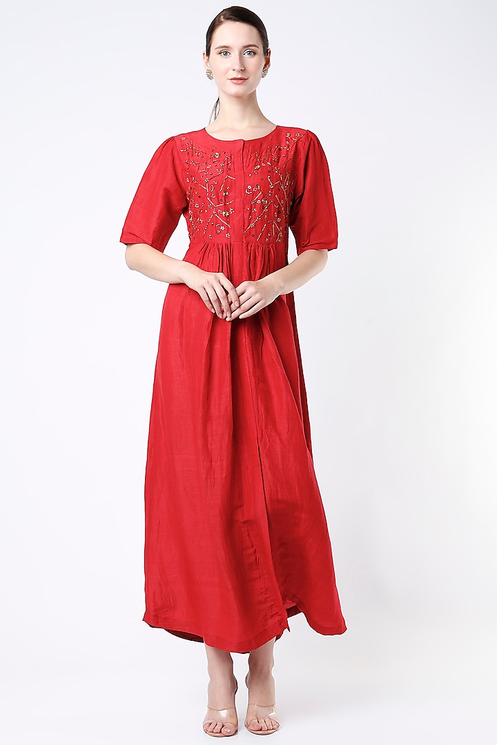 Fiery Red Hand Embroidered Dress by Bhusattva