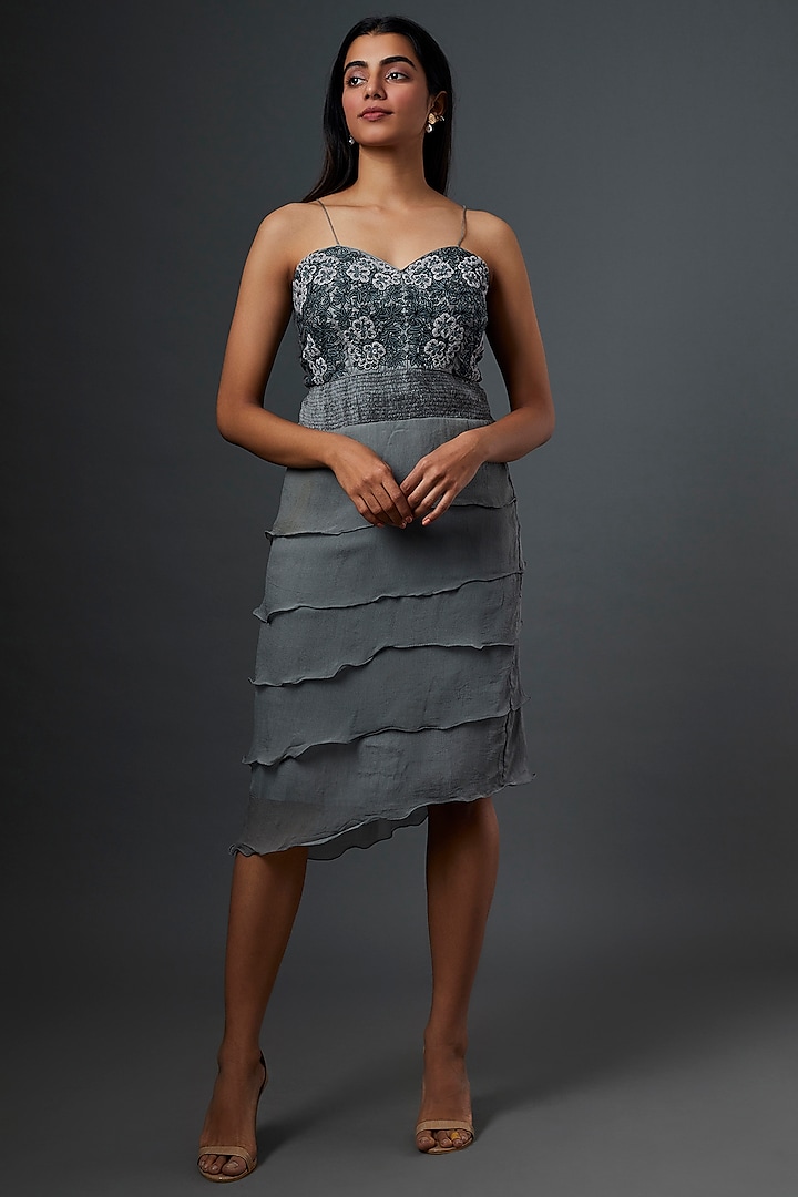 Grey Hand Embroidered Dress by Bhusattva at Pernia's Pop Up Shop