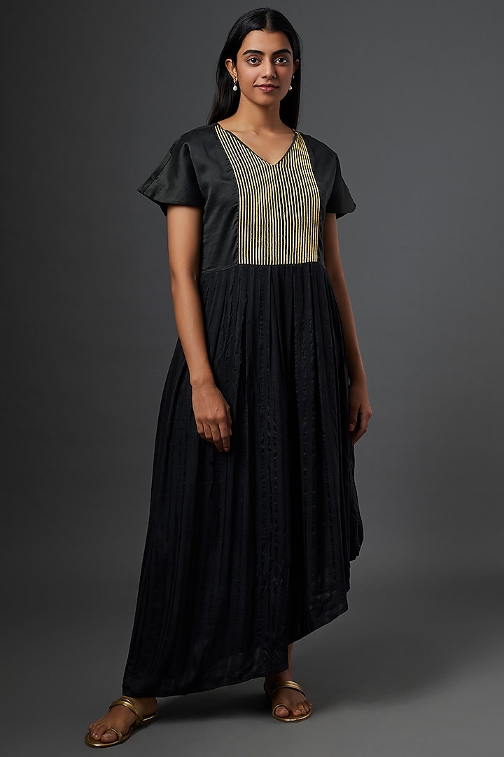Black Embellished Pleated Dress  by Bhusattva