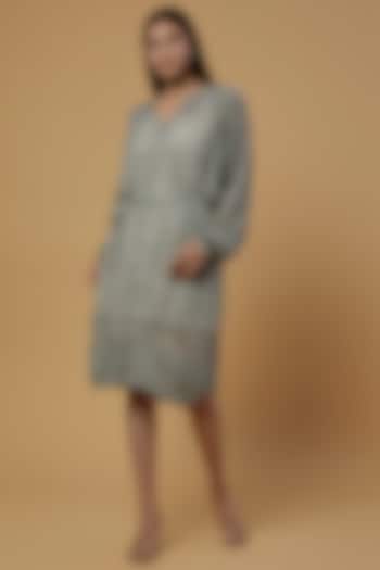 Grey Organic Silk Chiffon Hand Block Printed Dress by Bhusattva