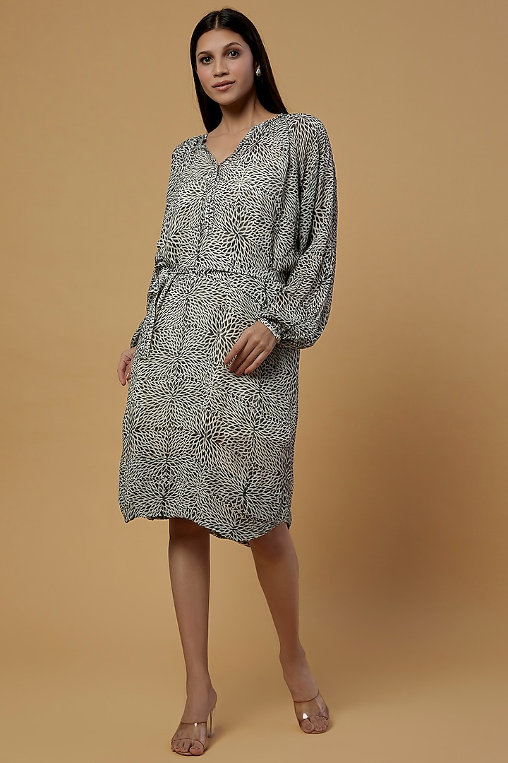 Grey Organic Silk Chiffon Hand Block Printed Dress by Bhusattva