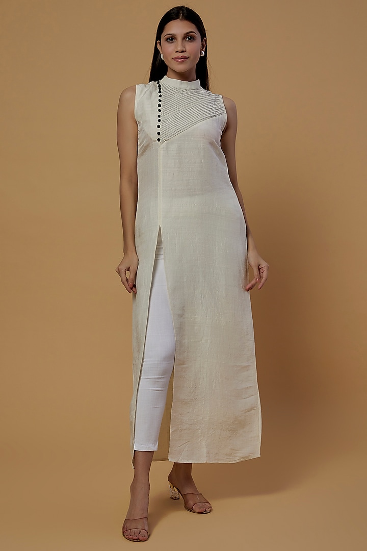 White Organic Silk Shrug Dress With Slit by Bhusattva at Pernia's Pop Up Shop