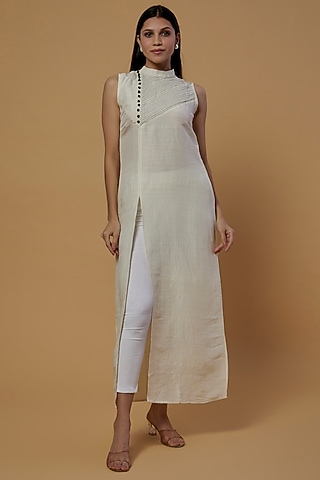 White Organic Silk Shrug Dress With Slit by Bhusattva