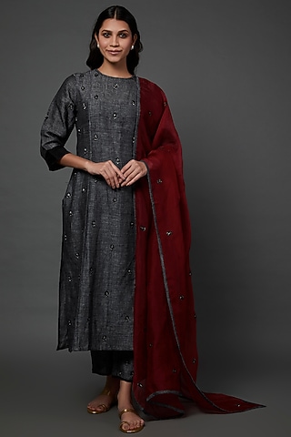 Charcoal Black Organic Silk Denim Embroidered Kurta Set by Bhusattva