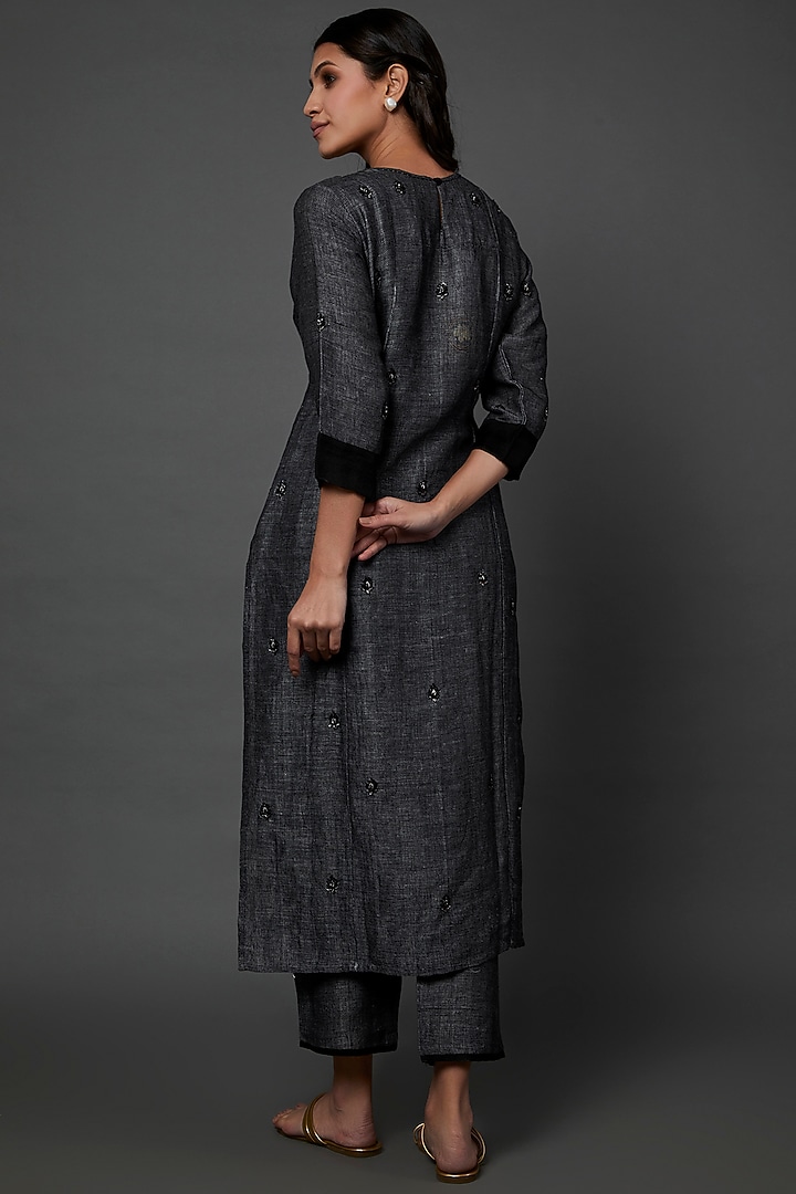 Charcoal Black Organic Silk Denim Embroidered Kurta Set by Bhusattva at Pernia's Pop Up Shop