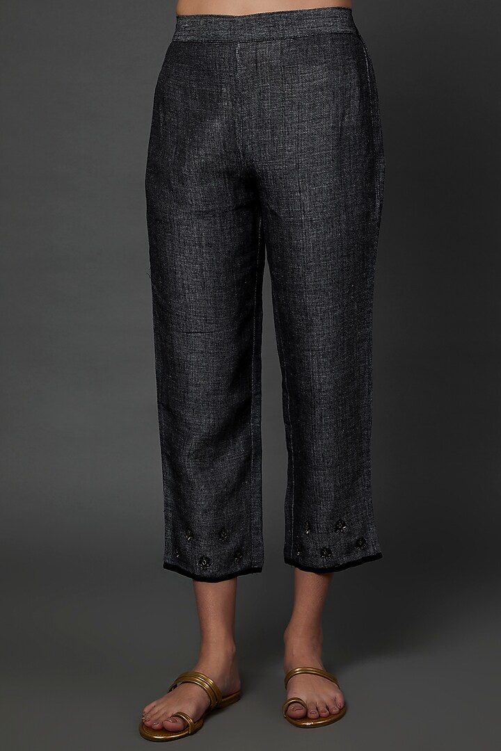 Charcoal Black Organic Silk Denim Embroidered Kurta Set by Bhusattva at Pernia's Pop Up Shop