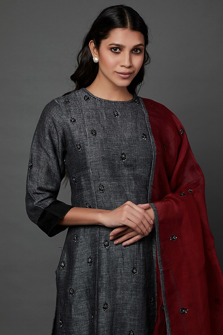 Charcoal Black Organic Silk Denim Embroidered Kurta Set by Bhusattva at Pernia's Pop Up Shop