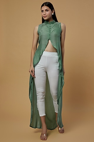 Teal Green Organic Silk Asymmetrical Shrug Dress by Bhusattva