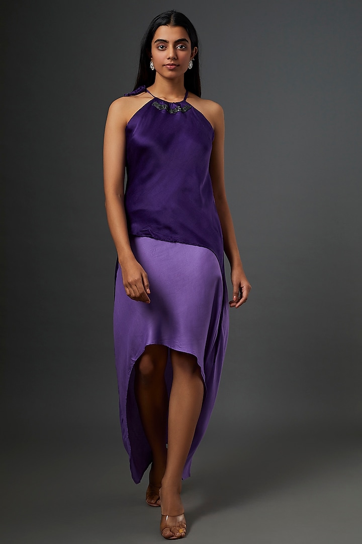 Purple Hand Embroidered Asymmetric Dress by Bhusattva