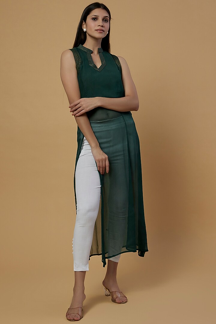 Dark Green Organic Silk Chiffon Embellished Shrug Dress by Bhusattva at Pernia's Pop Up Shop