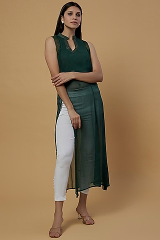 Dark Green Organic Silk Chiffon Embellished Shrug Dress by Bhusattva