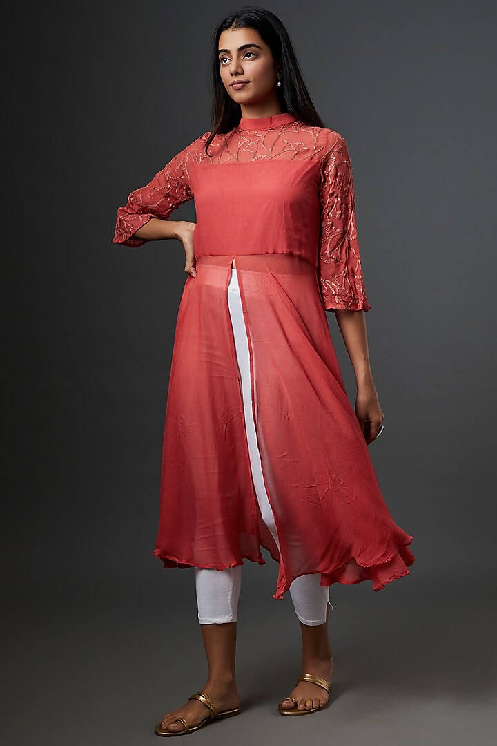 Coral Embroidered Tunic by Bhusattva