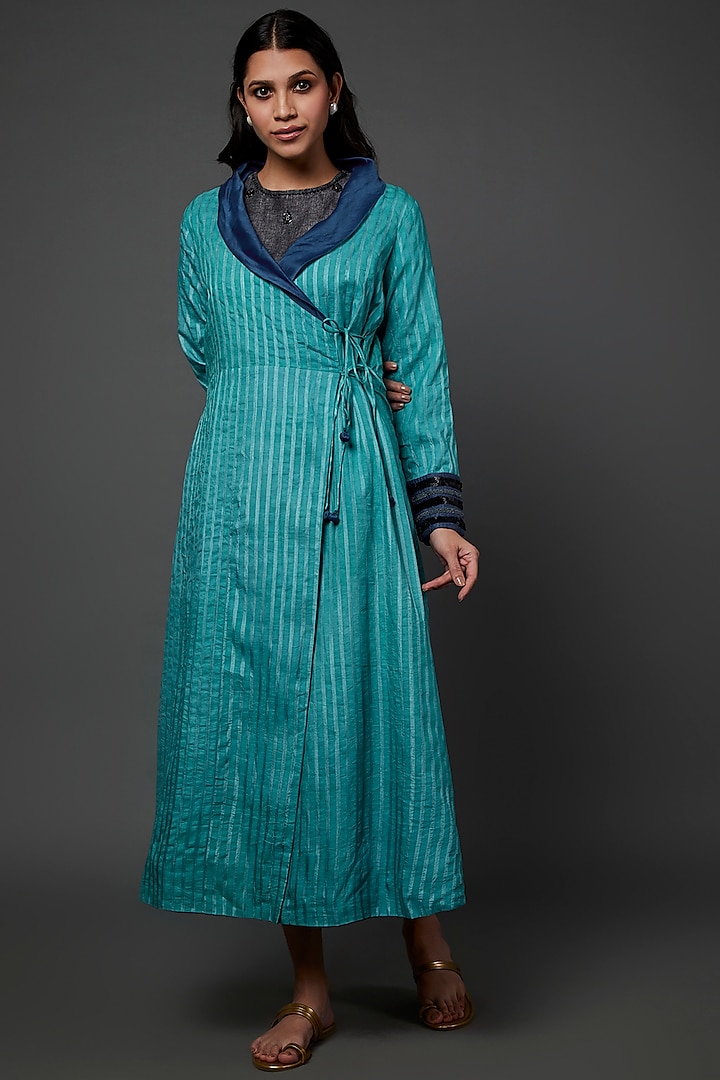 Turquoise Silk Hand Embroidered Angrakha Dress by Bhusattva