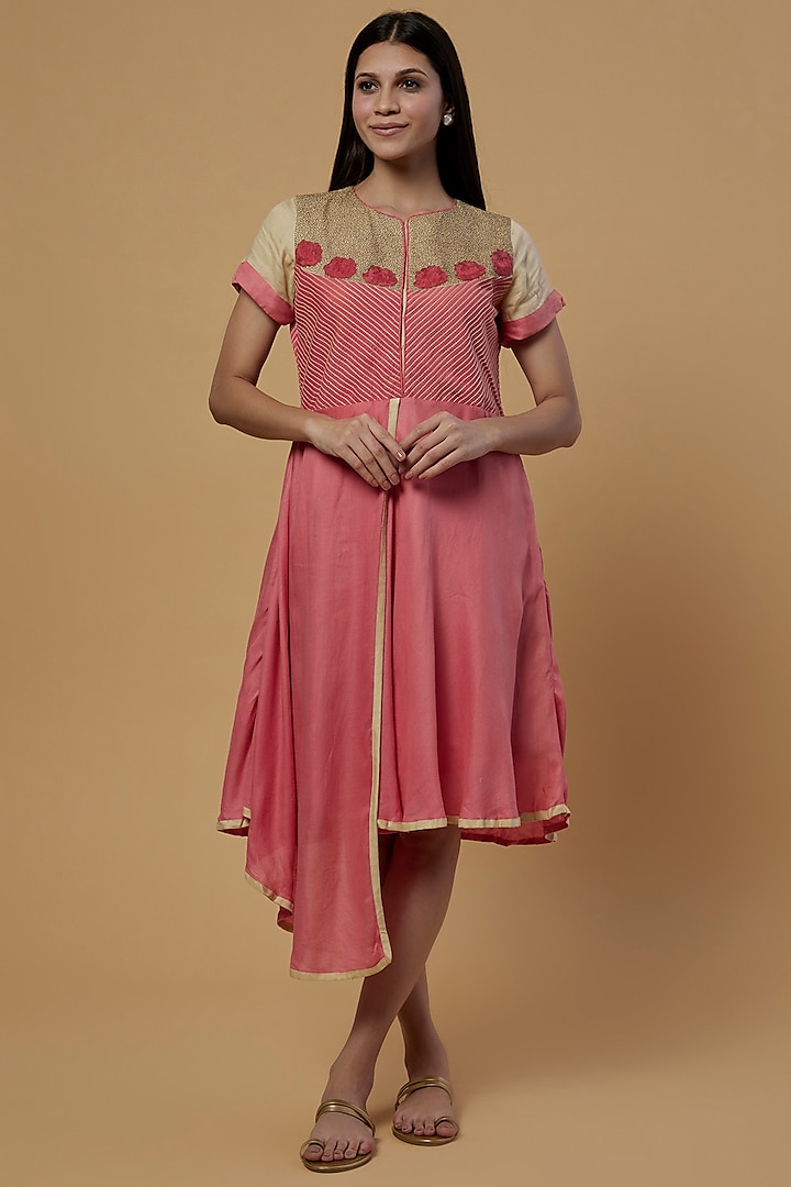 Coral Pink Thread Hand Embroidered Dress by Bhusattva