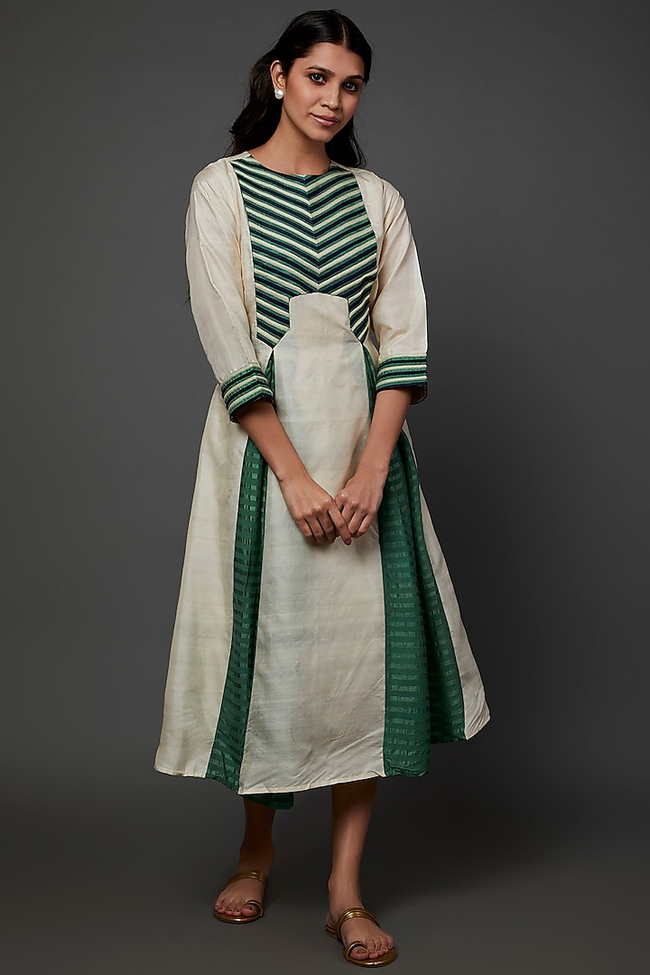White & Green Silk Hand Embroidered Godet Dress by Bhusattva