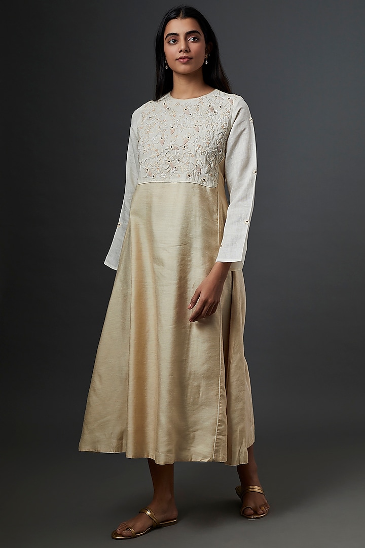 White & Beige Hand Embroidered Dress by Bhusattva