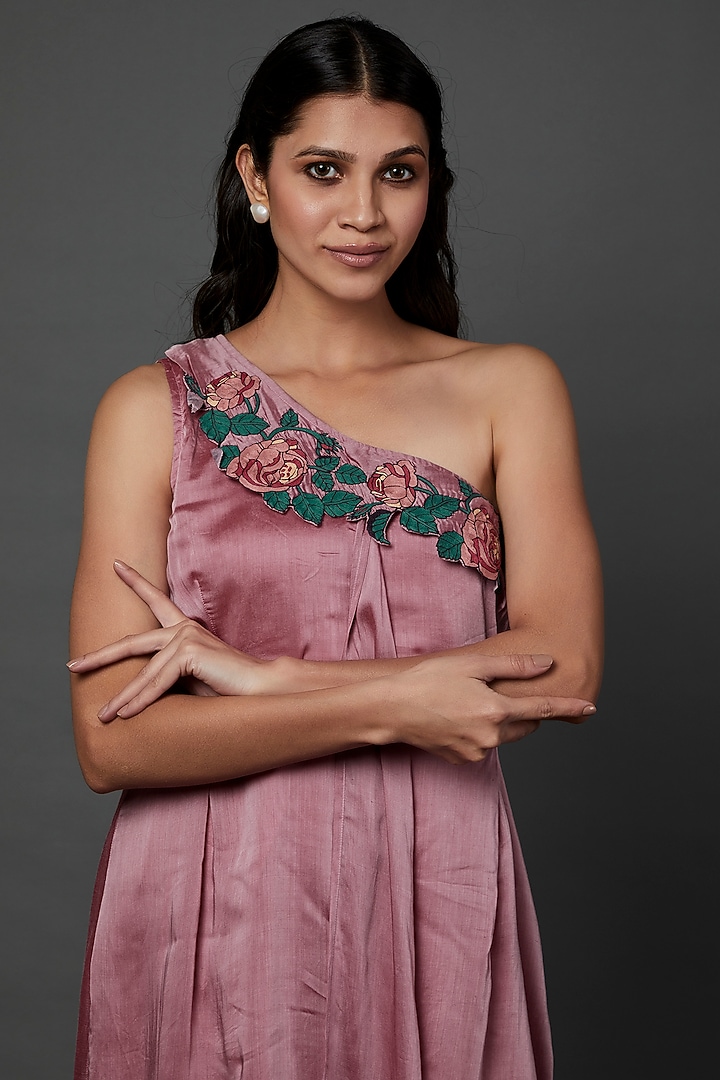 Peach Pink Silk Hand Embroidered One Shoulder Summer Dress by Bhusattva at Pernia's Pop Up Shop