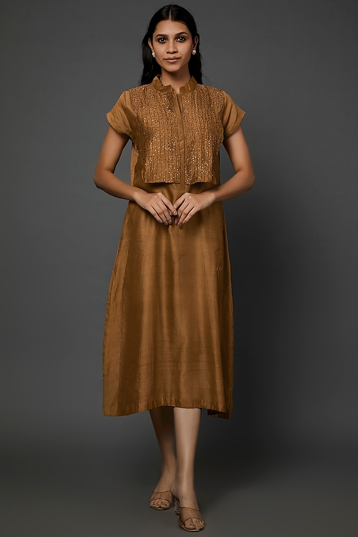 Rust Silk Sequins Embellished Kurta by Bhusattva