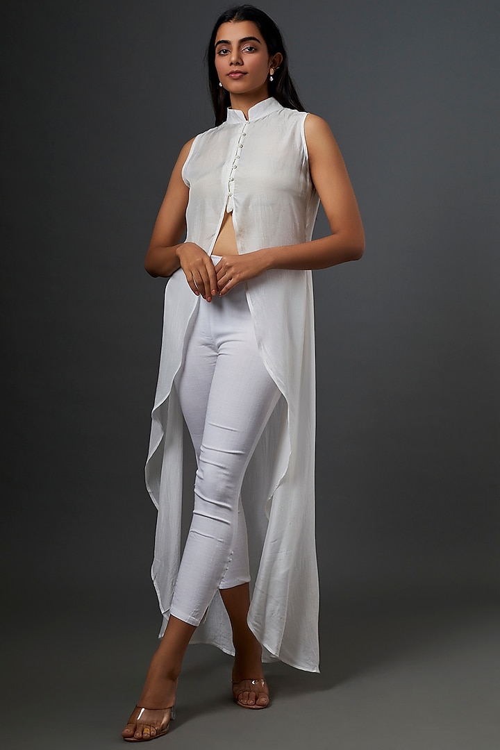 White Silk Asymmetric Shrug Dress by Bhusattva