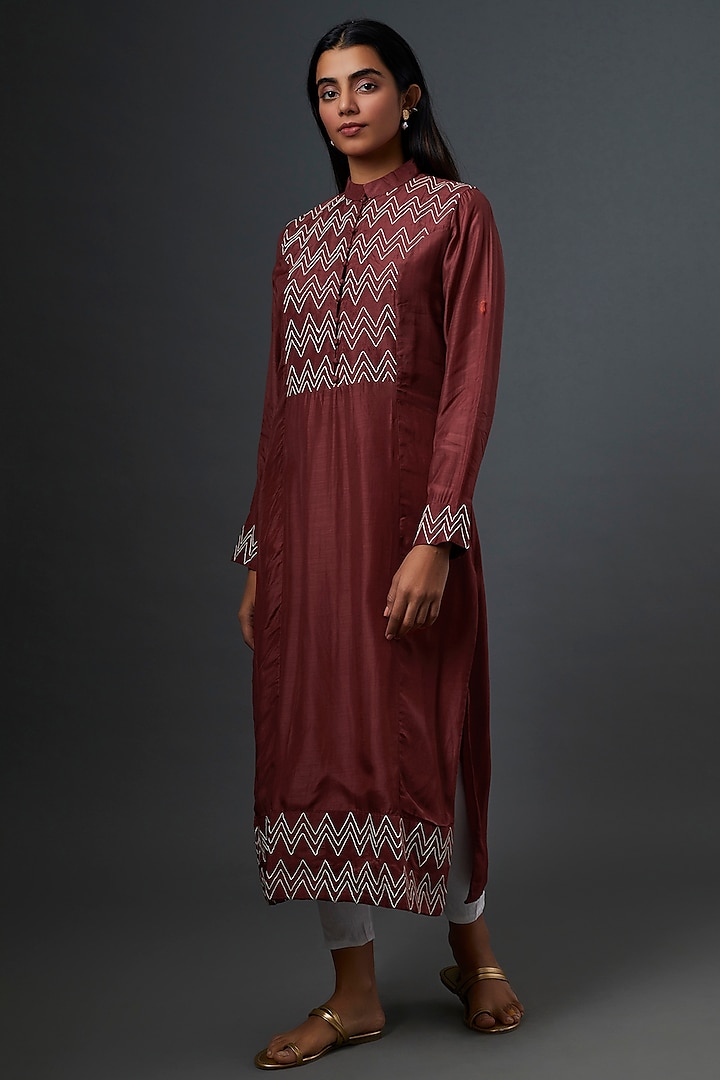 Carmine Red Silk Kurta by Bhusattva