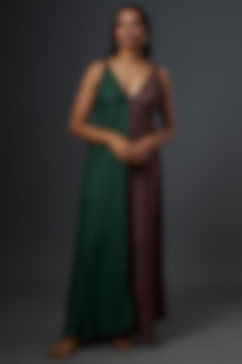 Pine Green & Wooden Brown Color Blocked Summer Dress by Bhusattva at Pernia's Pop Up Shop