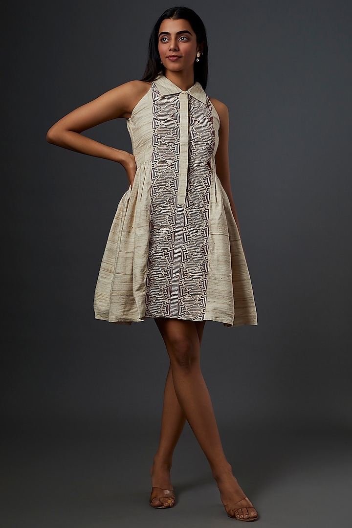 White Embroidered Gathered Dress by Bhusattva