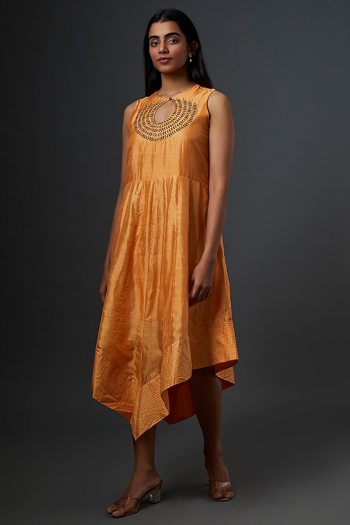 Tangerine Embroidered Asymmetrical Dress by Bhusattva