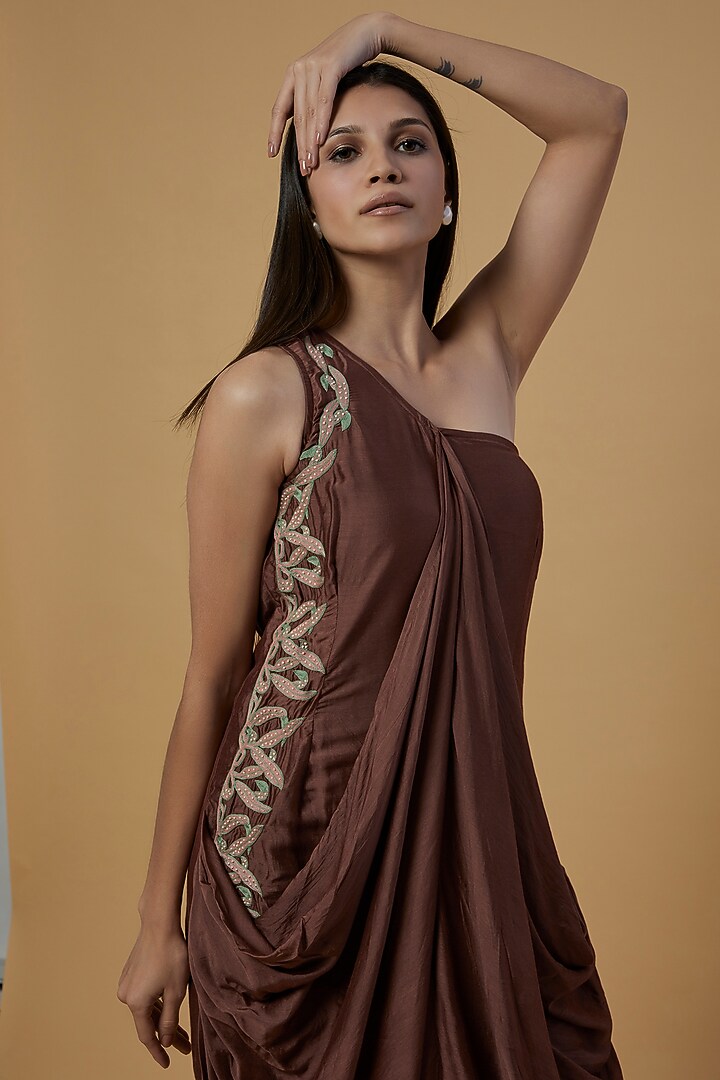 Brown Silk Hand Embroidered One Shoulder Summer Dress by Bhusattva at Pernia's Pop Up Shop