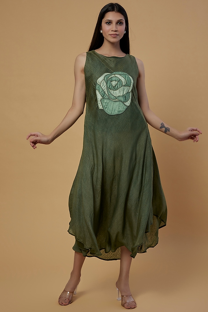 Emerald Green Silk Thread Embroidered Dress by Bhusattva