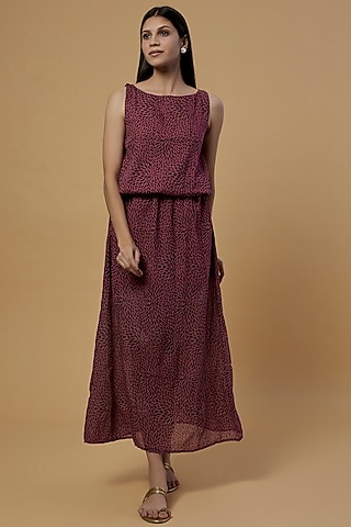 Deep Maroon Cotton Hand-Blocked Printed Maxi Dress by Bhusattva