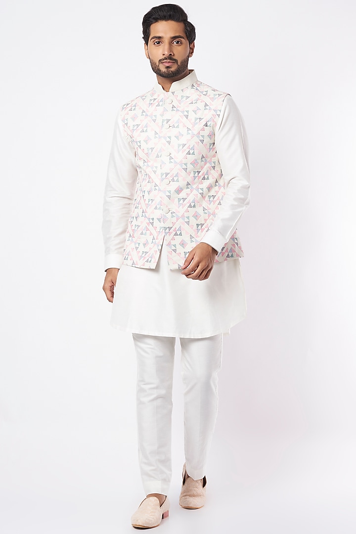 Off-White Matka Silk Nehru Jacket by VARENYA