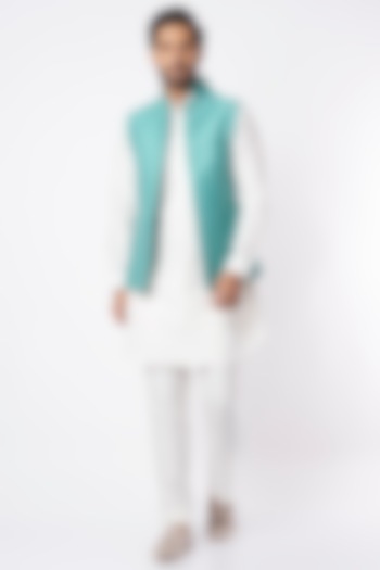 Medium Turquoise Pure Silk Nehru Jacket by VARENYA at Pernia's Pop Up Shop