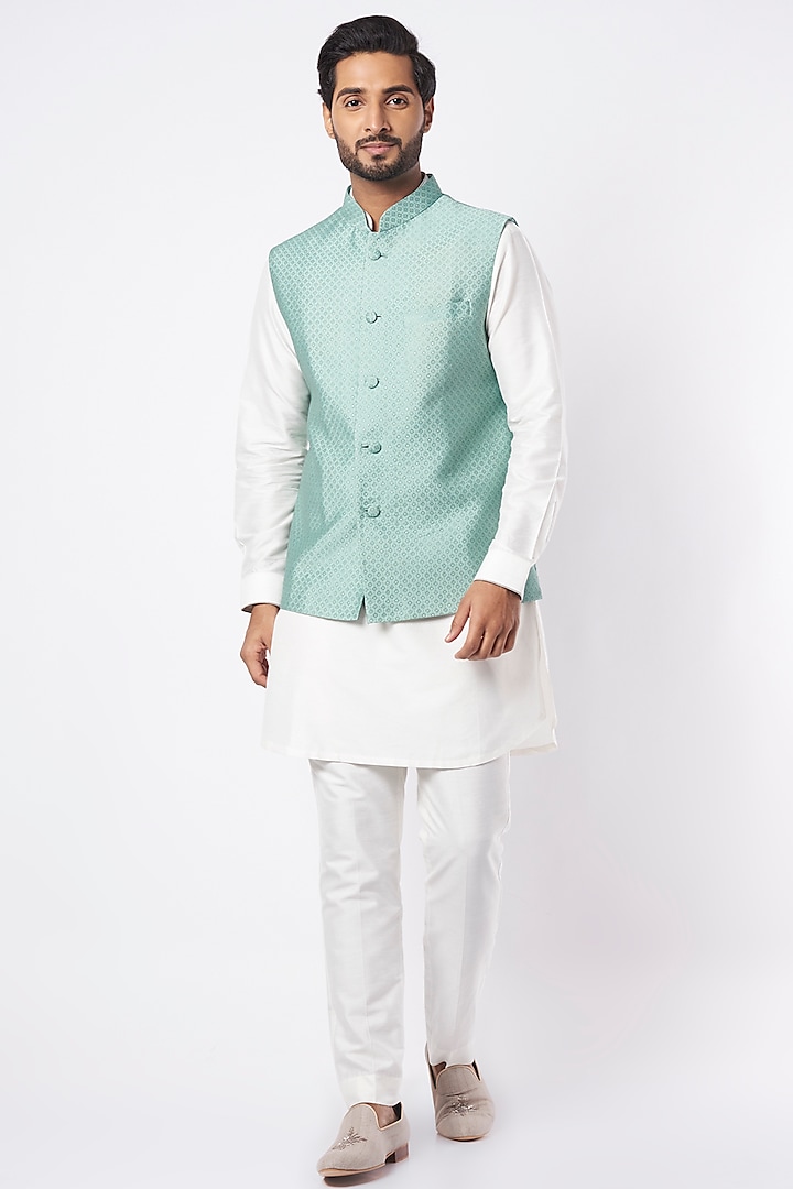 Pale Teal Rayon Silk Nehru Jacket by VARENYA