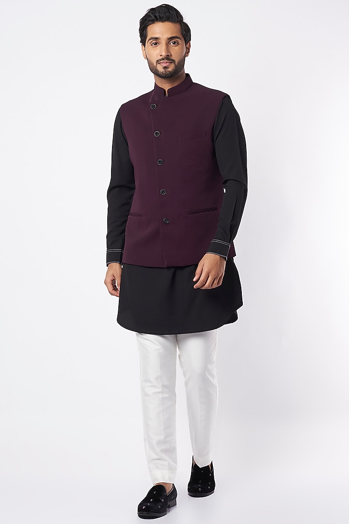 Plum Purple Poly Blend Nehru Jacket by VARENYA