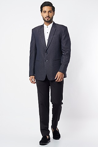 Navy Blue Poly Blend Single-Breasted Jacket by VARENYA