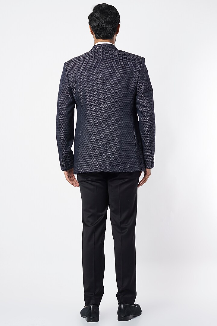 Navy Blue Poly Blend Single-Breasted Jacket by VARENYA at Pernia's Pop Up Shop