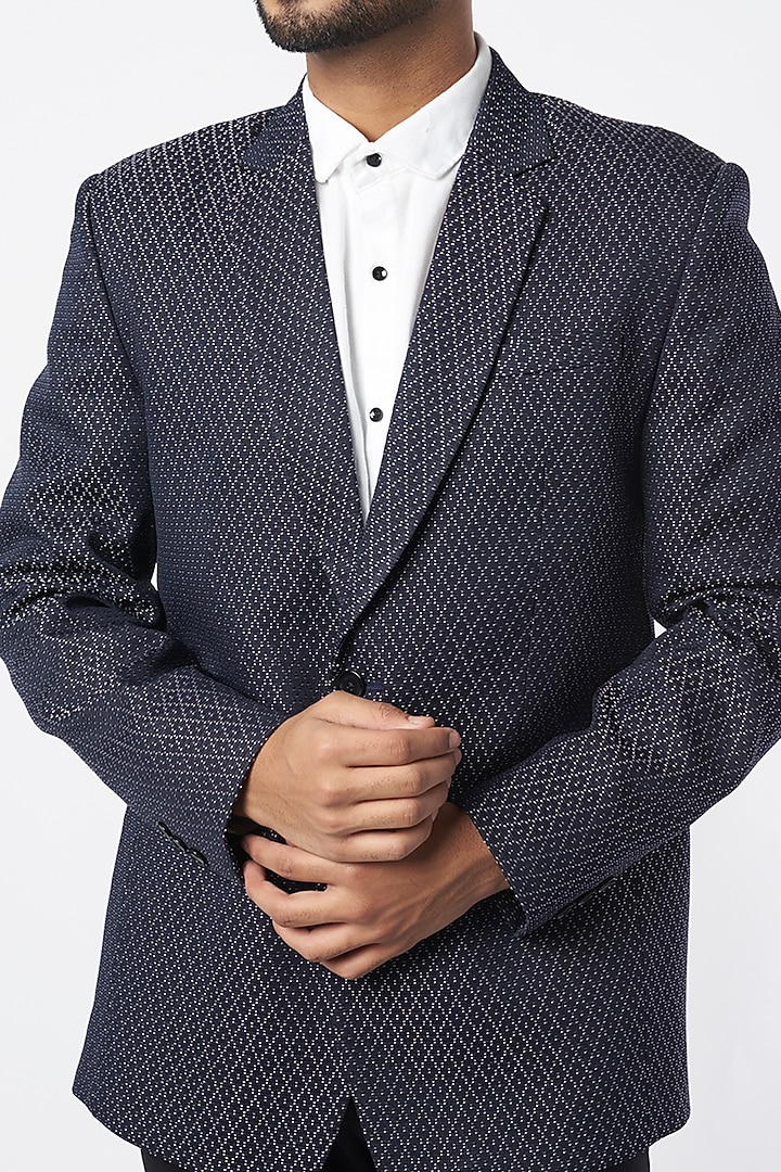 Navy Blue Poly Blend Single-Breasted Jacket by VARENYA at Pernia's Pop Up Shop