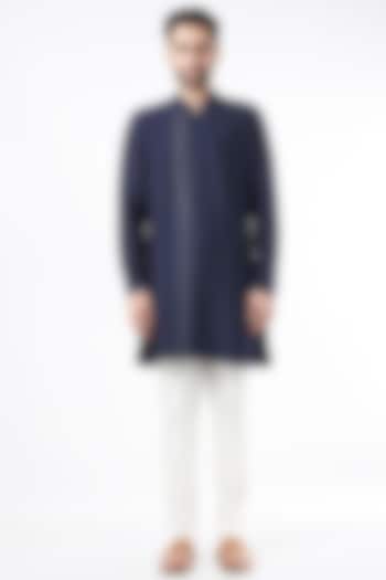 Navy Blue Chanderi Silk Kurta Set by VARENYA at Pernia's Pop Up Shop