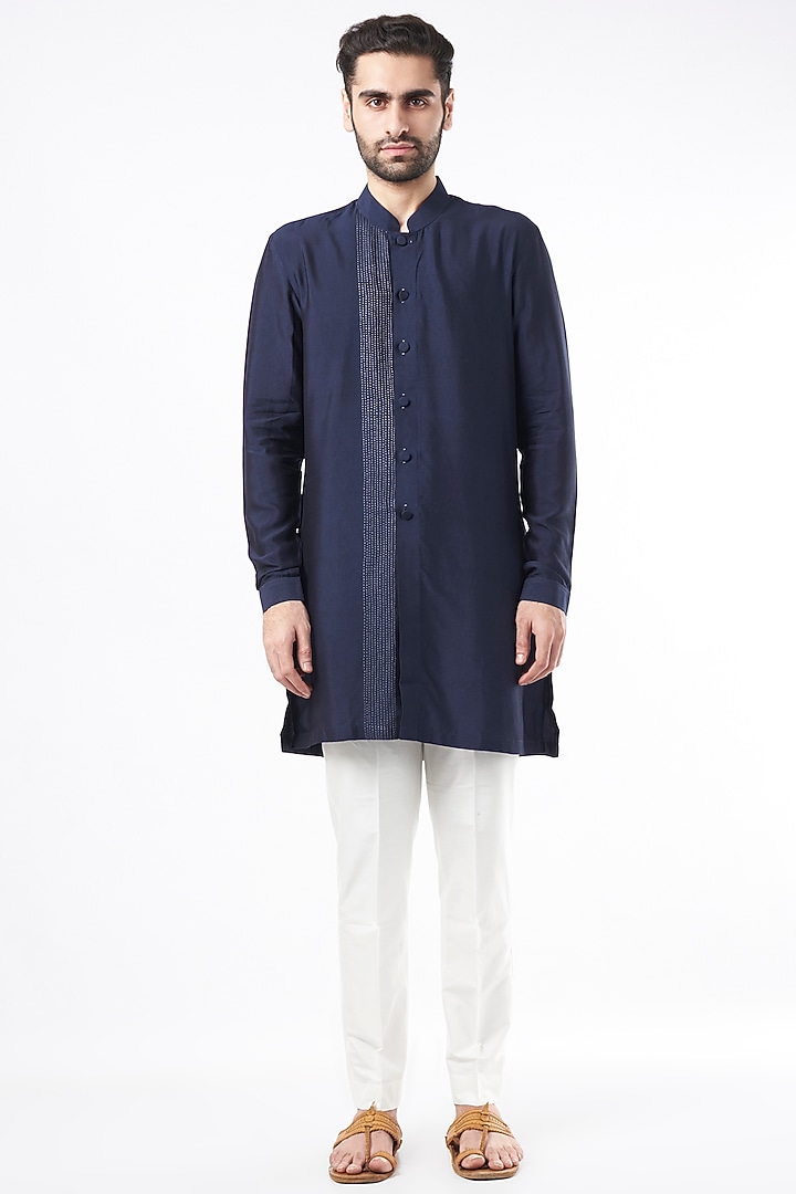 Navy Blue Chanderi Silk Kurta Set by VARENYA at Pernia's Pop Up Shop