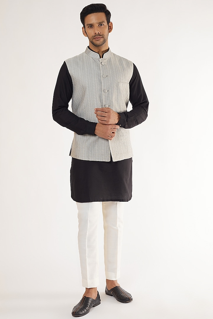 Grey Cotton Silk Printed Nehru Jacket by VARENYA